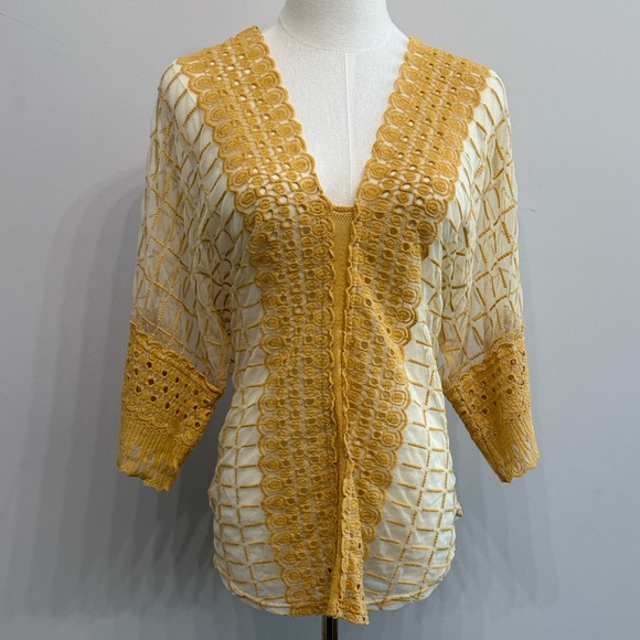 Sundance Size L Embroidered Mesh Sheer  Golden LaceTop Yellow Gold - Picture 9 of 9